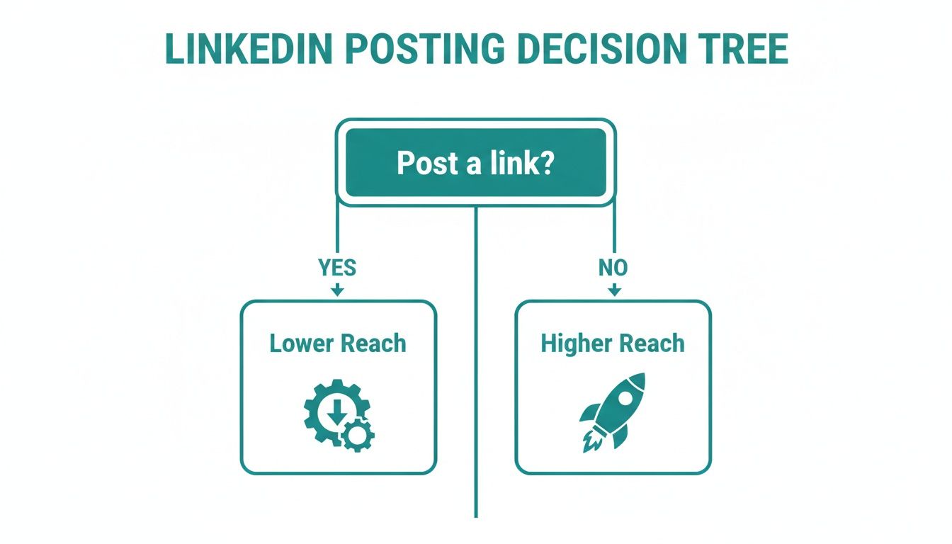 LinkedIn posting decision tree showing that posting links leads to lower reach, and no links to higher reach.