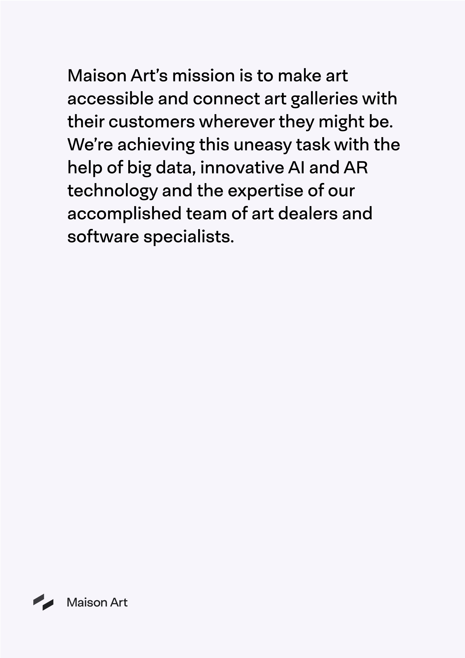 Mission statement for Maison Art highlighting AI and AR in art tech.