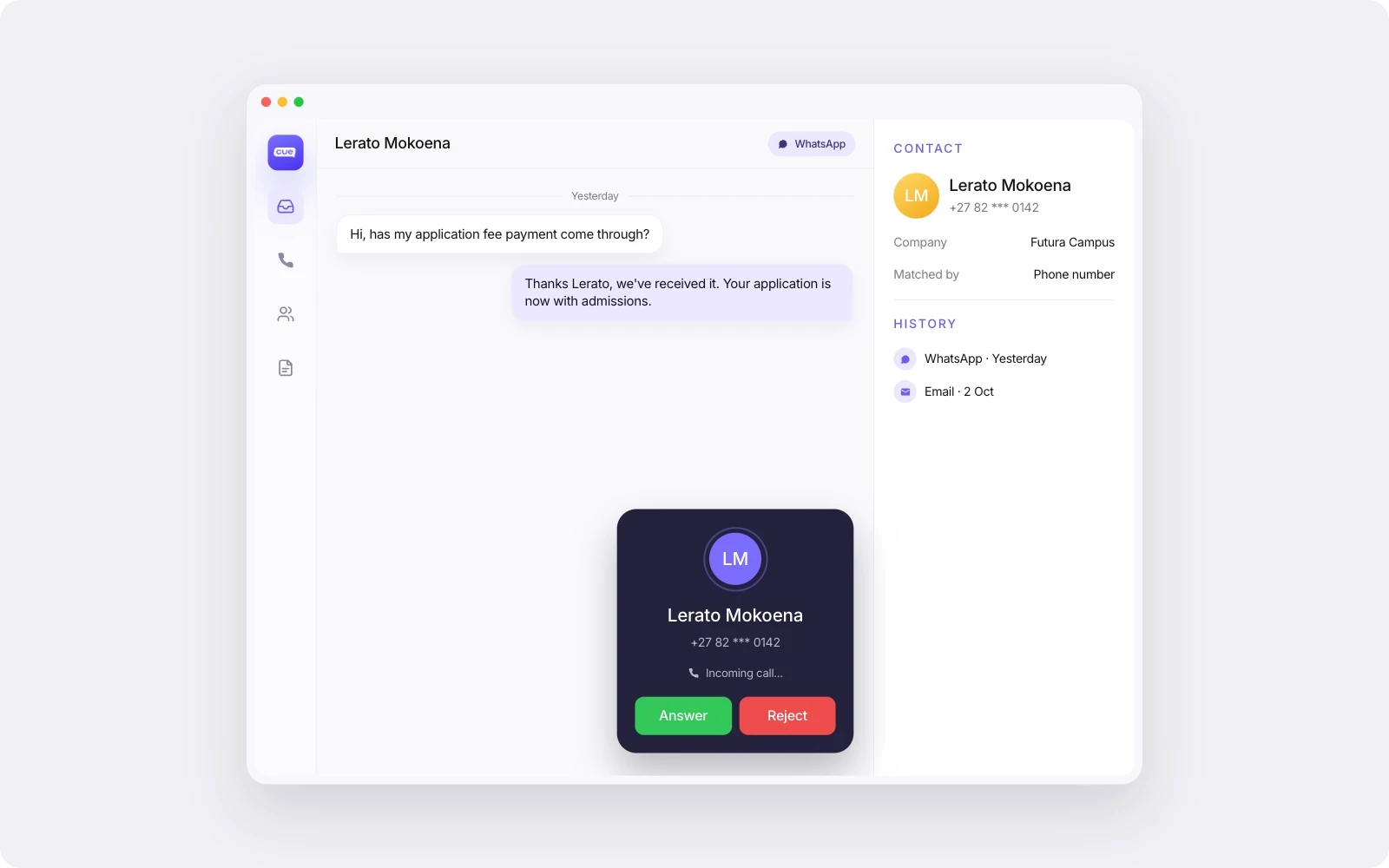 An incoming call in Cue matched to the customer's contact, with their earlier WhatsApp messages visible.
