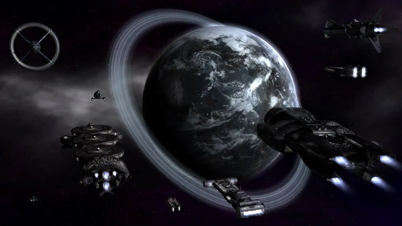 A fleet of diverse, futuristic spacecraft surrounds a grey, ringed planet against a backdrop of deep space, highlighting the theme of space exploration and technology.