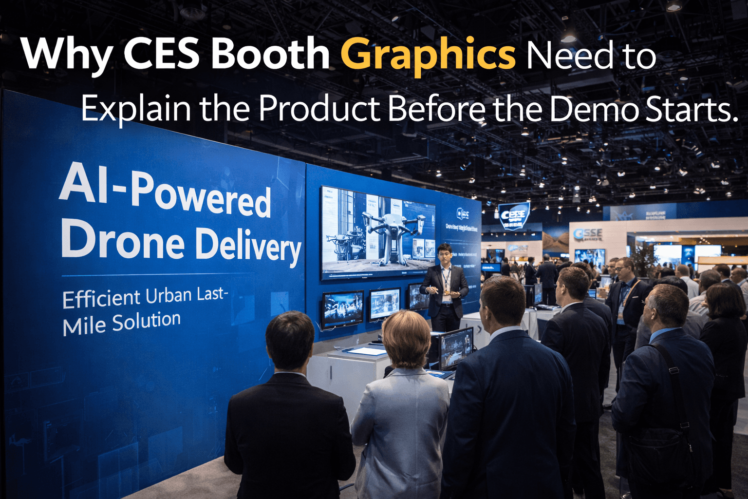 CES booth graphics in Las Vegas with a large product message wall, clean headline, and demo audience viewing a technology presentation