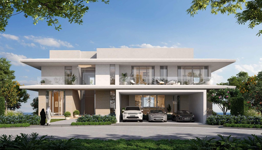 Rendering of the new Ramhan Island Villas in the desert, showcasing modern architecture against a sandy landscape.