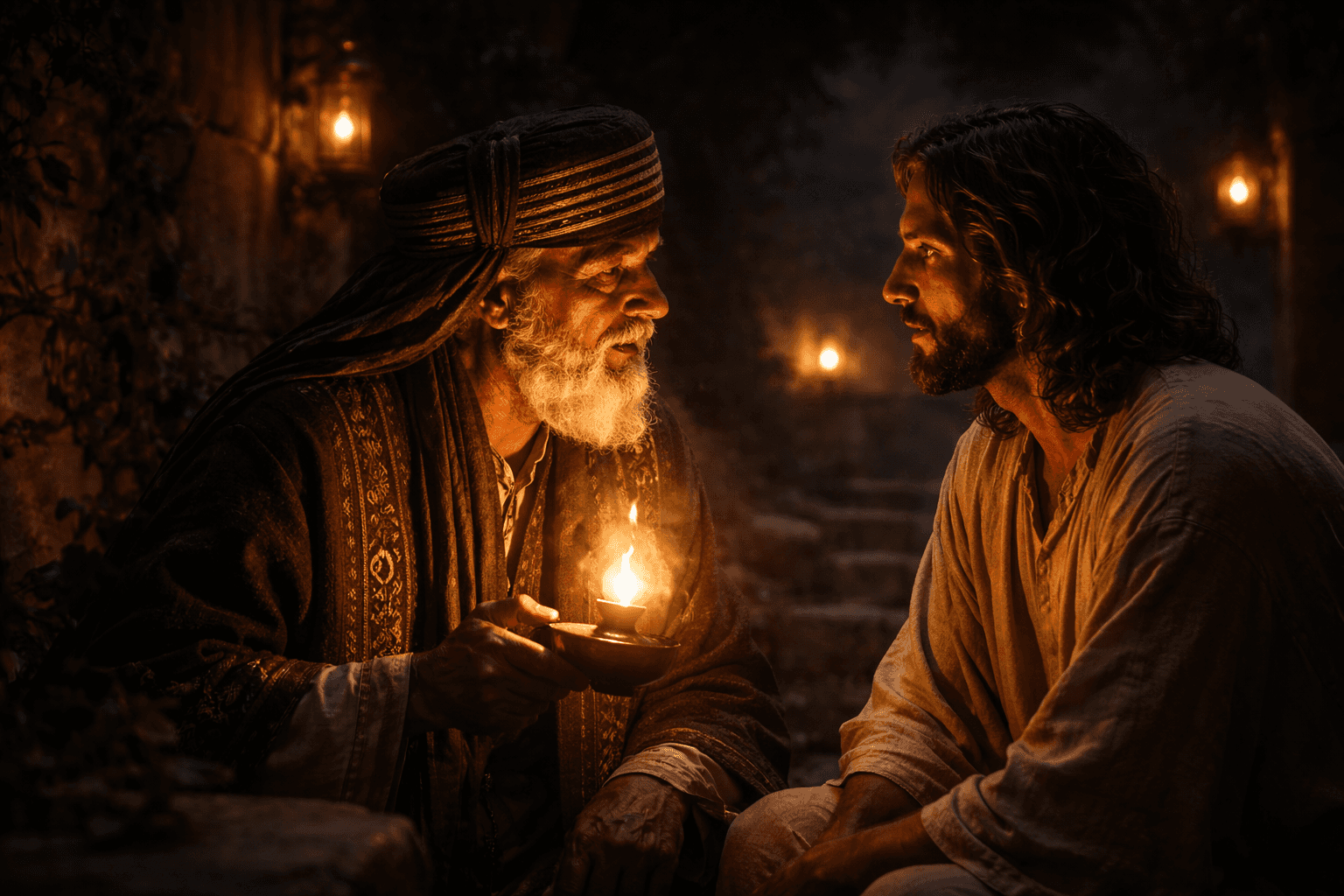 Cinematic image of Nicodemus meeting Jesus at night by lamplight, symbolising his journey from private curiosity to public faith