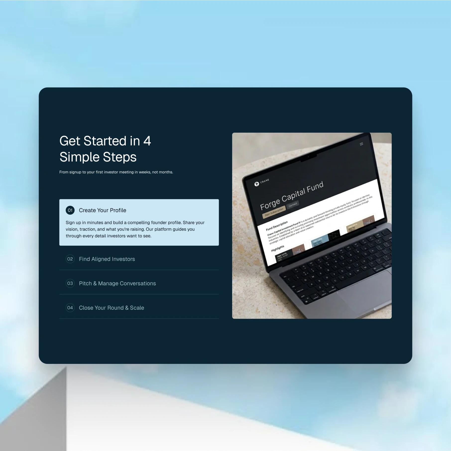 Get Started in 4 Simple Steps: Create Profile, find investors, pitch, scale