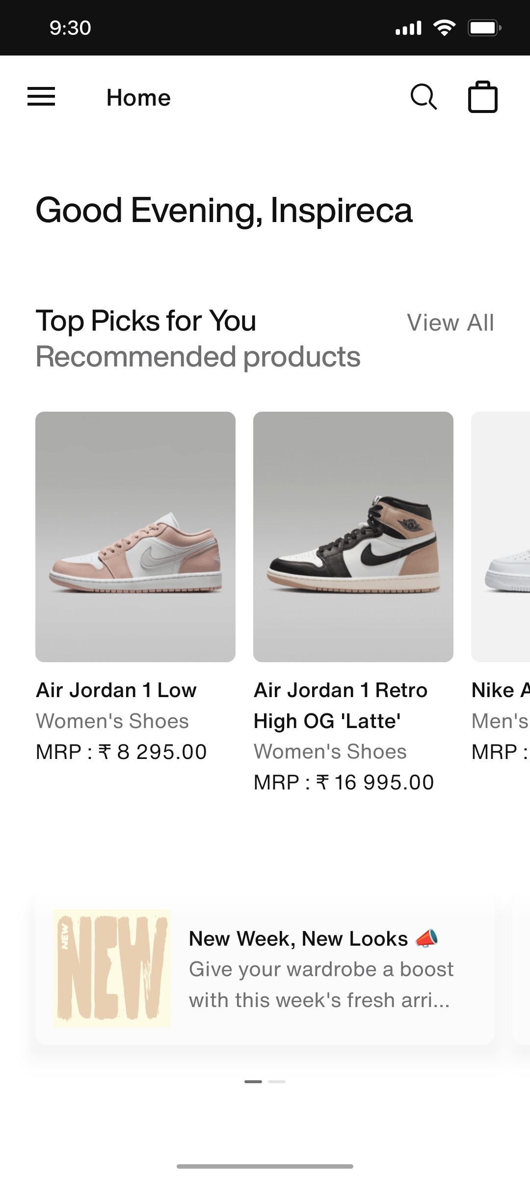 Nike App Home Screen