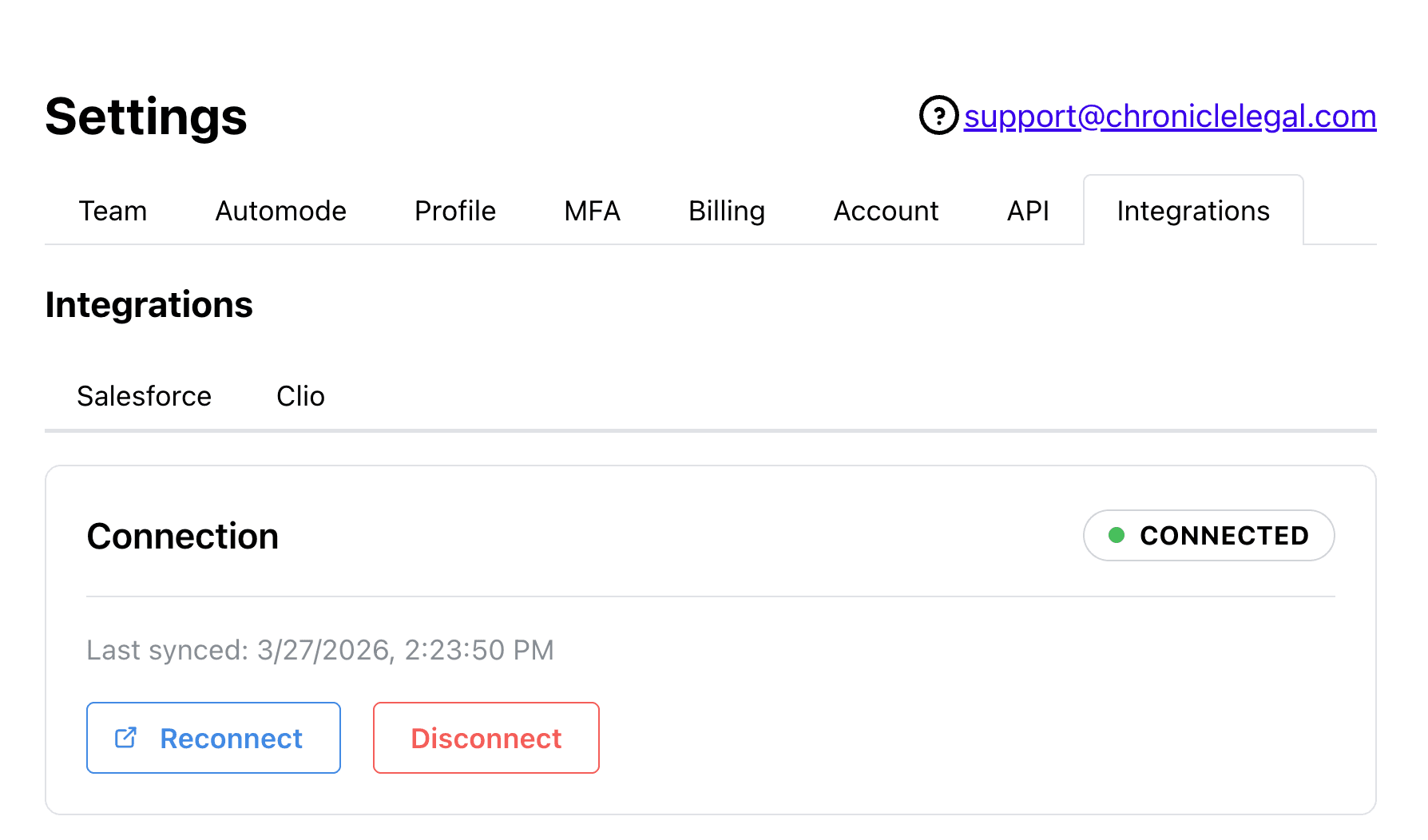 Chronicle Settings - Clio connection