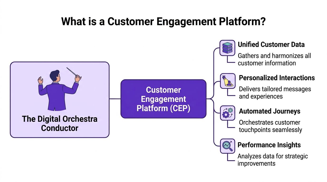 An infographic titled What is a Customer Engagement Platform illustrating its role as a digital orchestra conductor.