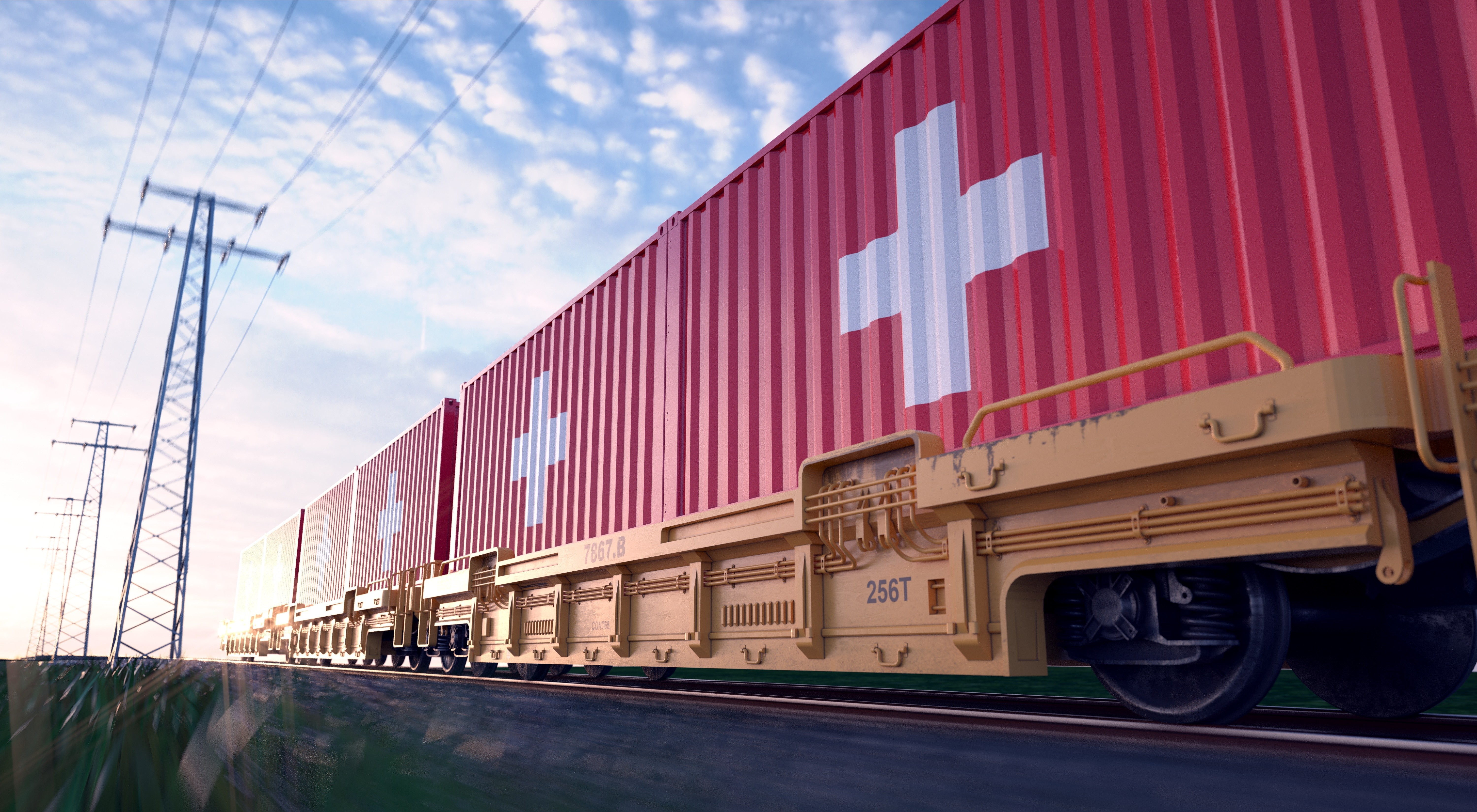 Swiss Freight train with loaded containers in motion.