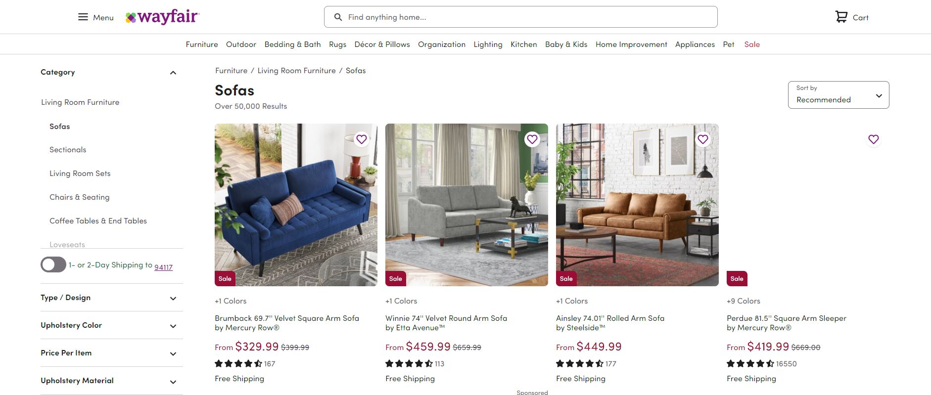 January 2022 Wayfair browse page