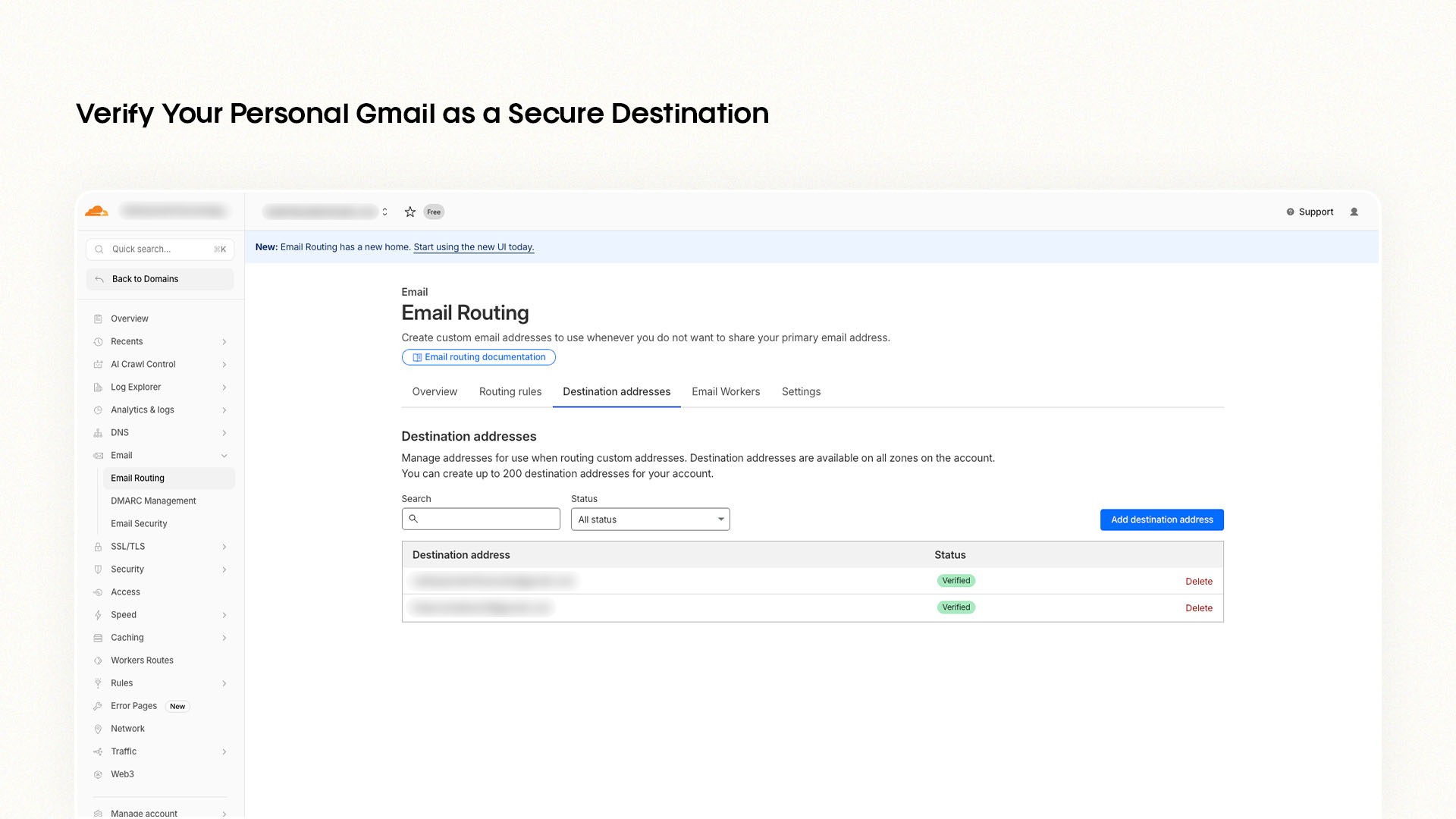 Cloudflare add destination address for email forwarding setup