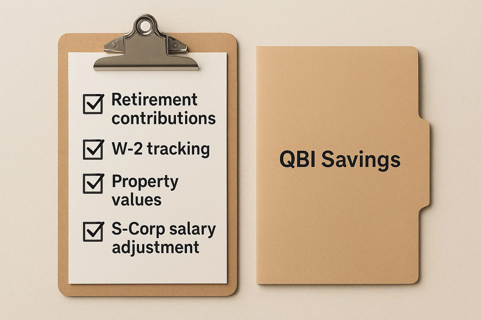 Checklist illustration linking retirement contributions, W-2 tracking, property values, and S-Corp salary adjustments to a QBI savings folder.