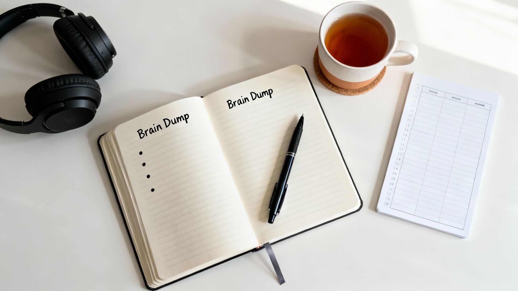 A clean and organized desk with a laptop, notebook, and a plant, ready for a study session.