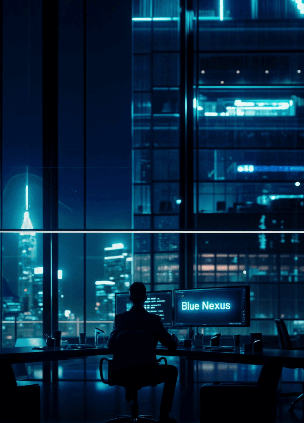 a man sitting in an office at night