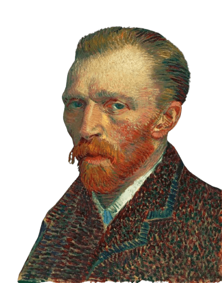 A famous self-portrait of Vincent van Gogh, the iconic Dutch Post-Impressionist painter. The artwork features van Gogh with a fiery red beard, intense gaze, and textured brushstrokes, set against a vibrant background filled with dynamic, colorful dots. The painting highlights van Gogh's signature style of expressive color and bold texture, making it one of his most recognized self-portraits.