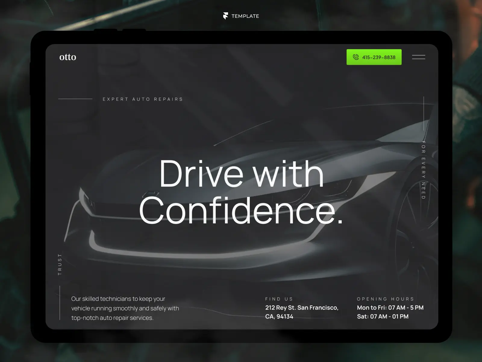 Auto repair Framer website template displayed on a tablet featuring a premium automotive service website.