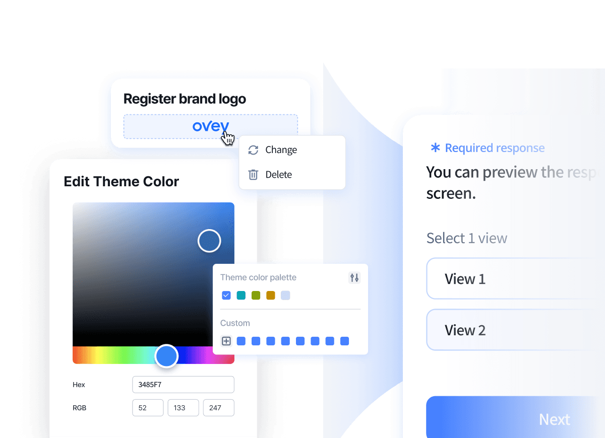 User interface displaying a color picker tool and settings options on a digital design platform.