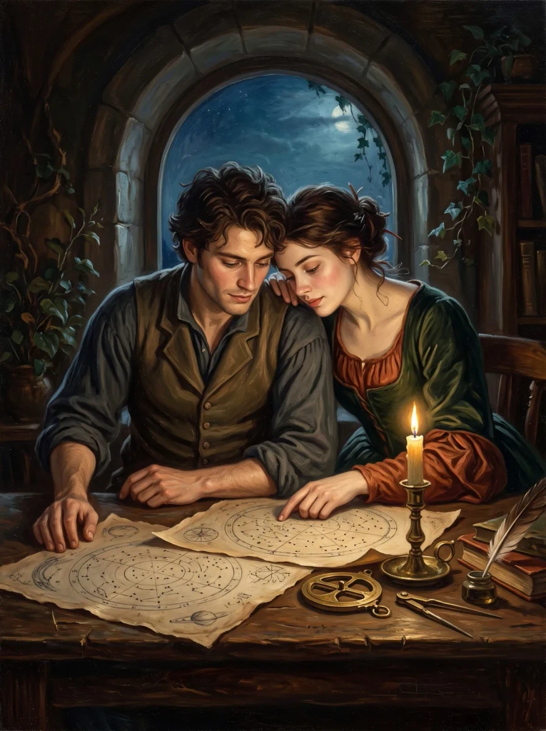 Two people leaning together over their star charts