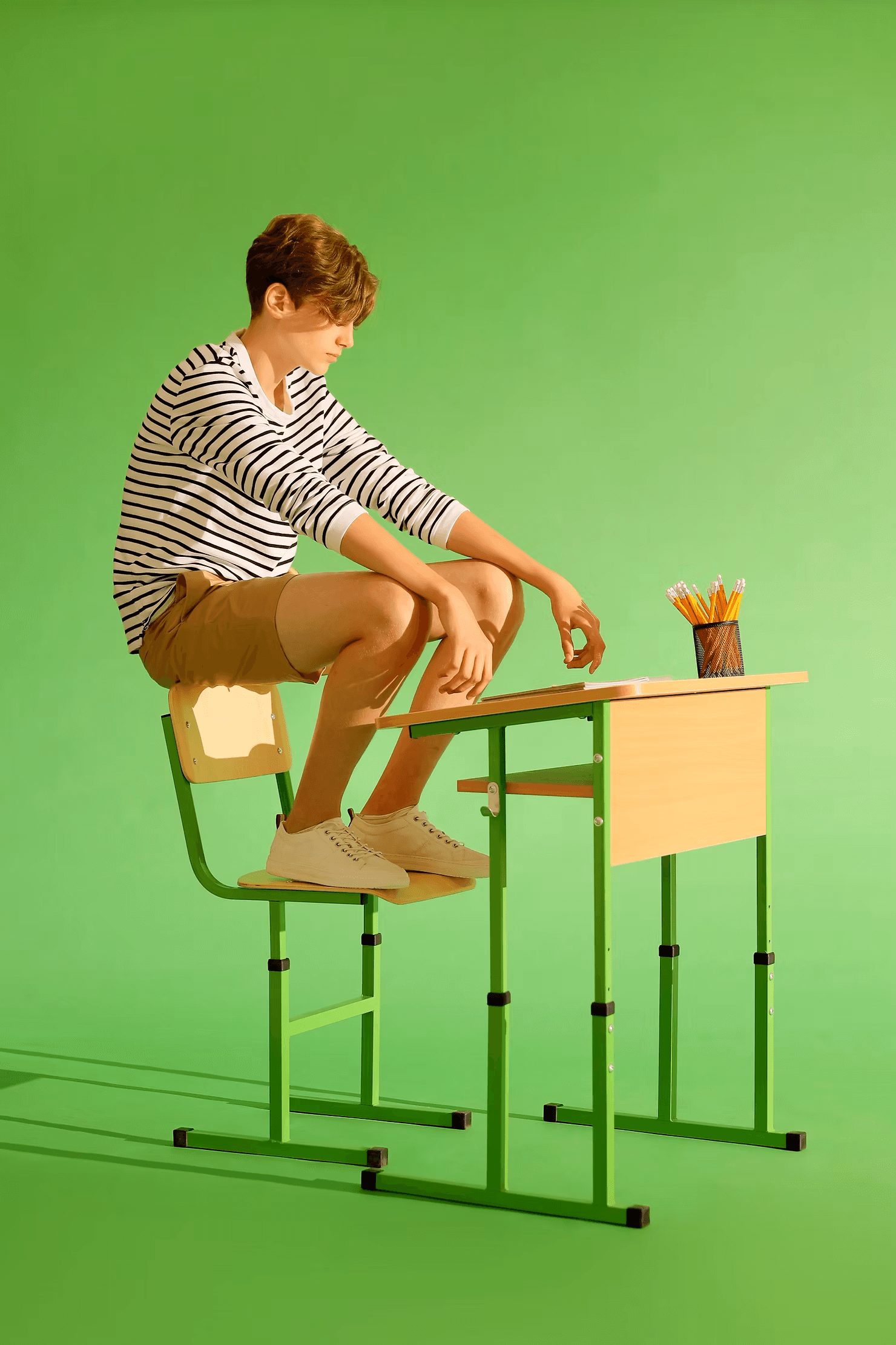 a student sitting on the edge of his chair in his student table