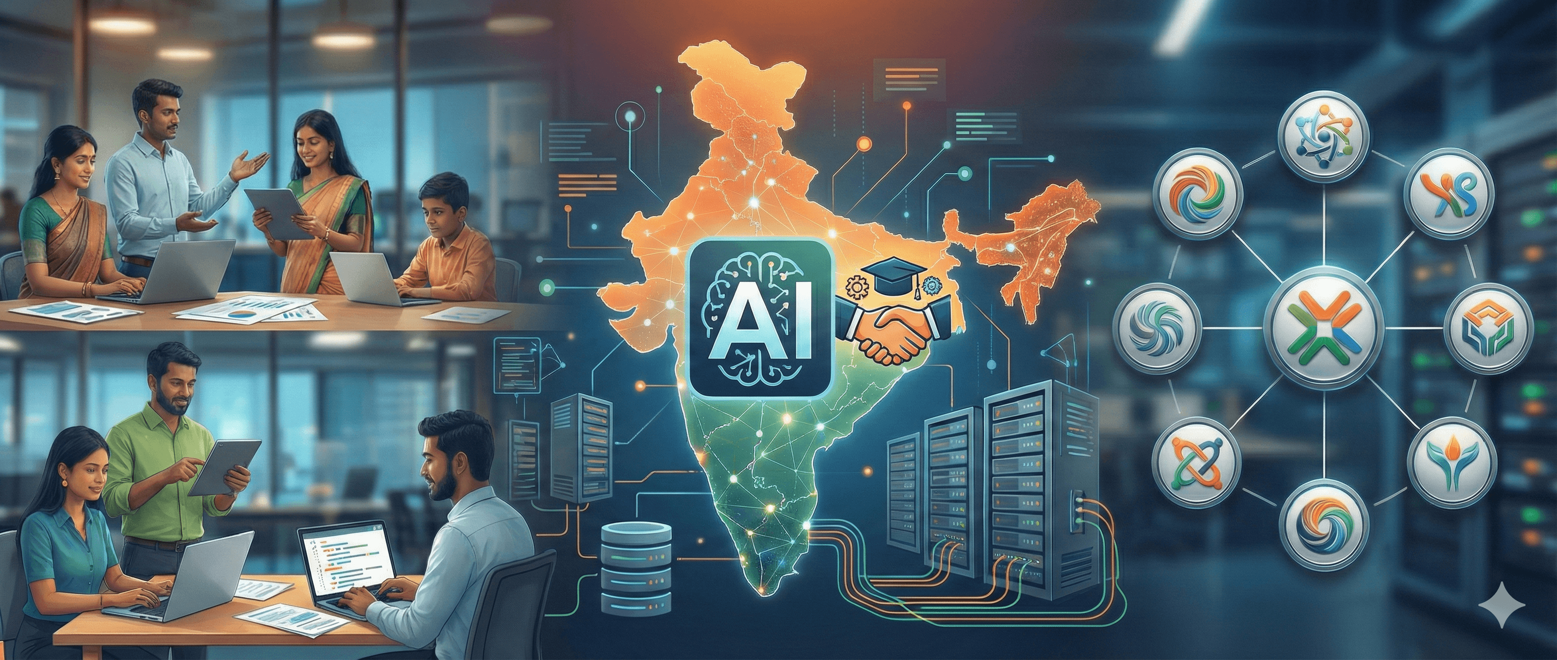 This image illustrates India's integration of AI technology, showcasing professionals collaborating in a modern office environment, digital networks connecting across the map of India, and icons representing AI partnerships and infrastructure upgrades.