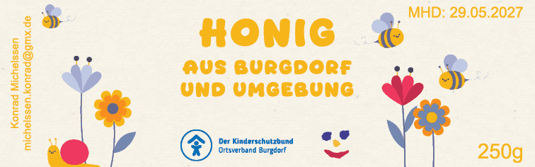 Finales Etikettendesign für den Kinderschutzbund-Honig mit freundlichem Kinderdesign.