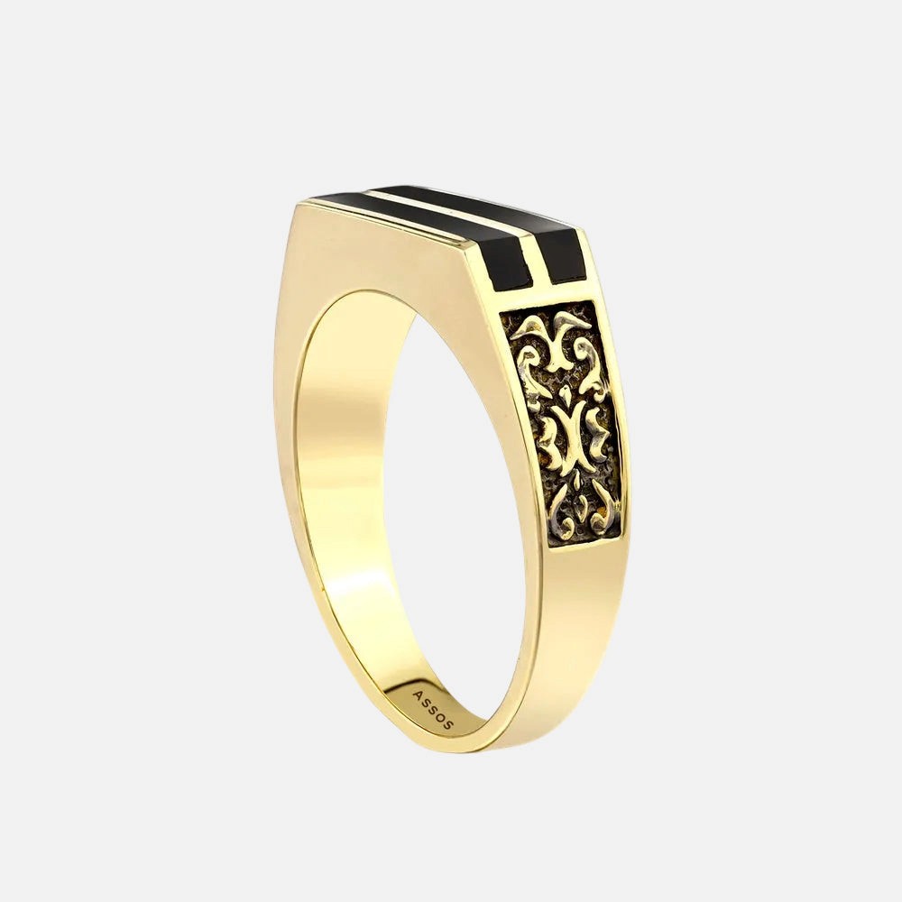 Assos Pırlanta 14 Ayar Altın Siyah Detaylı Şık Erkek Yüzüğü