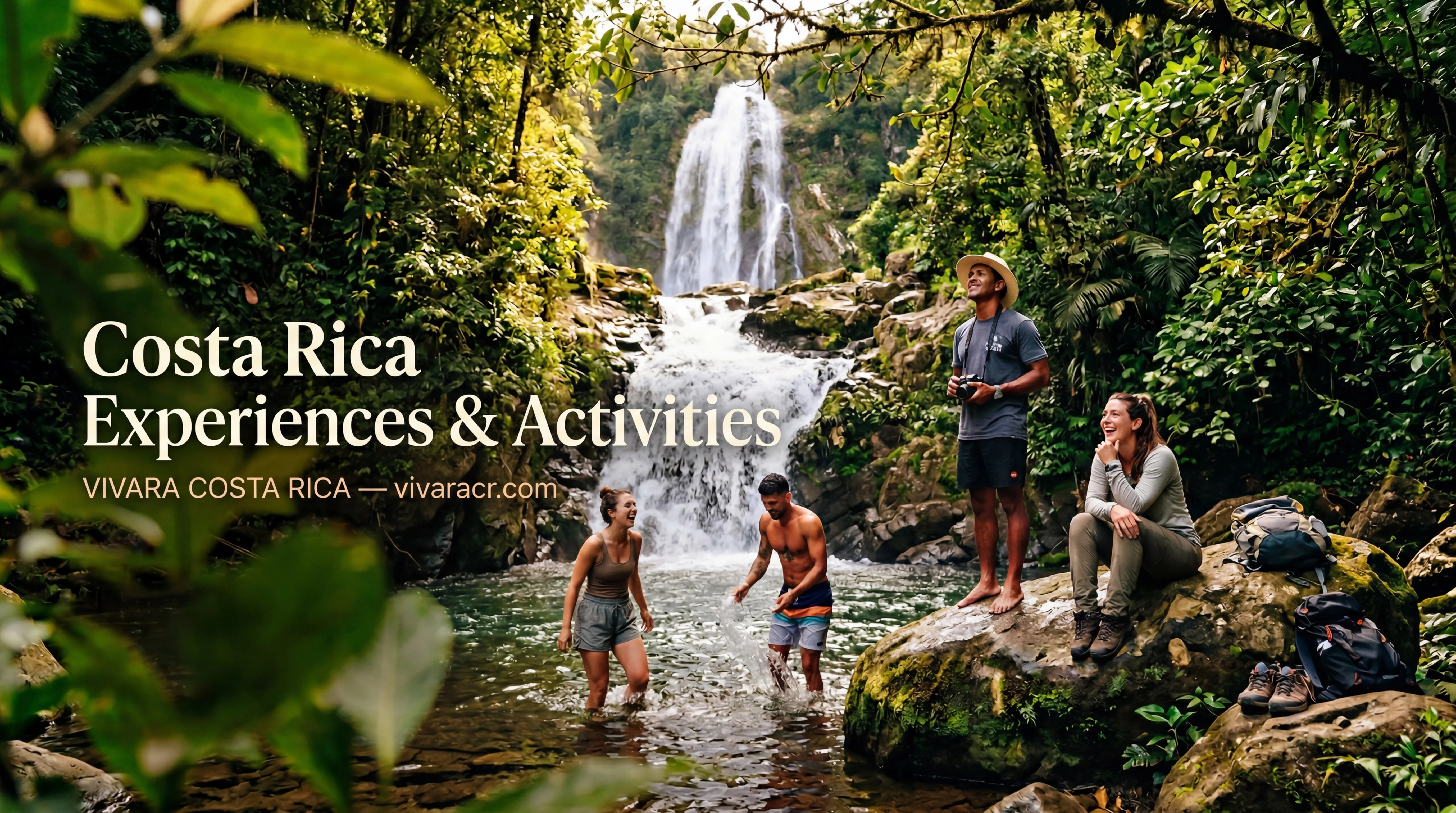 Group of travelers at a jungle waterfall in Costa Rica — adventure experiences at Vivara Costa Rica