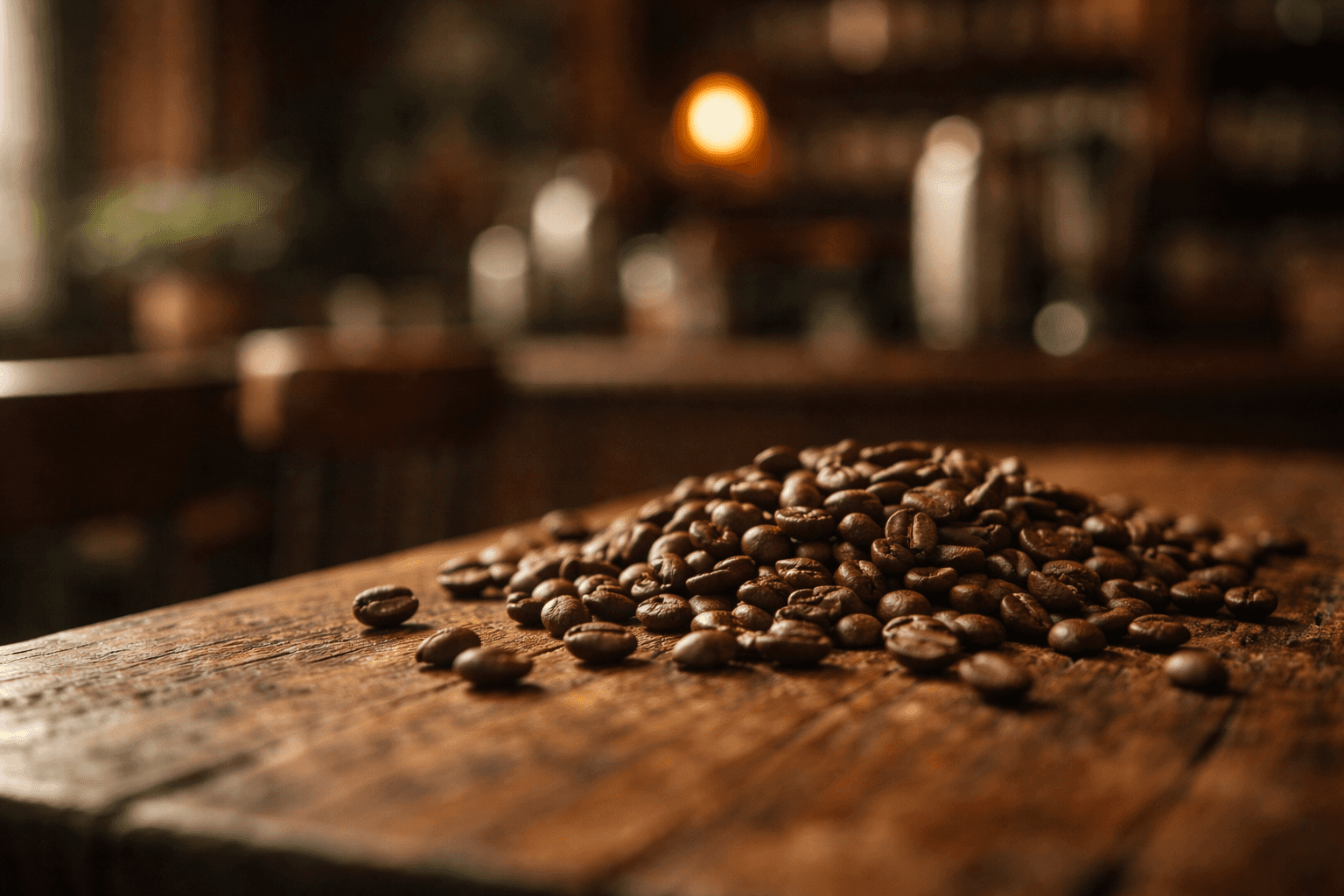 Roasted coffee beans scattered across a wooden surface with a blurred café background.