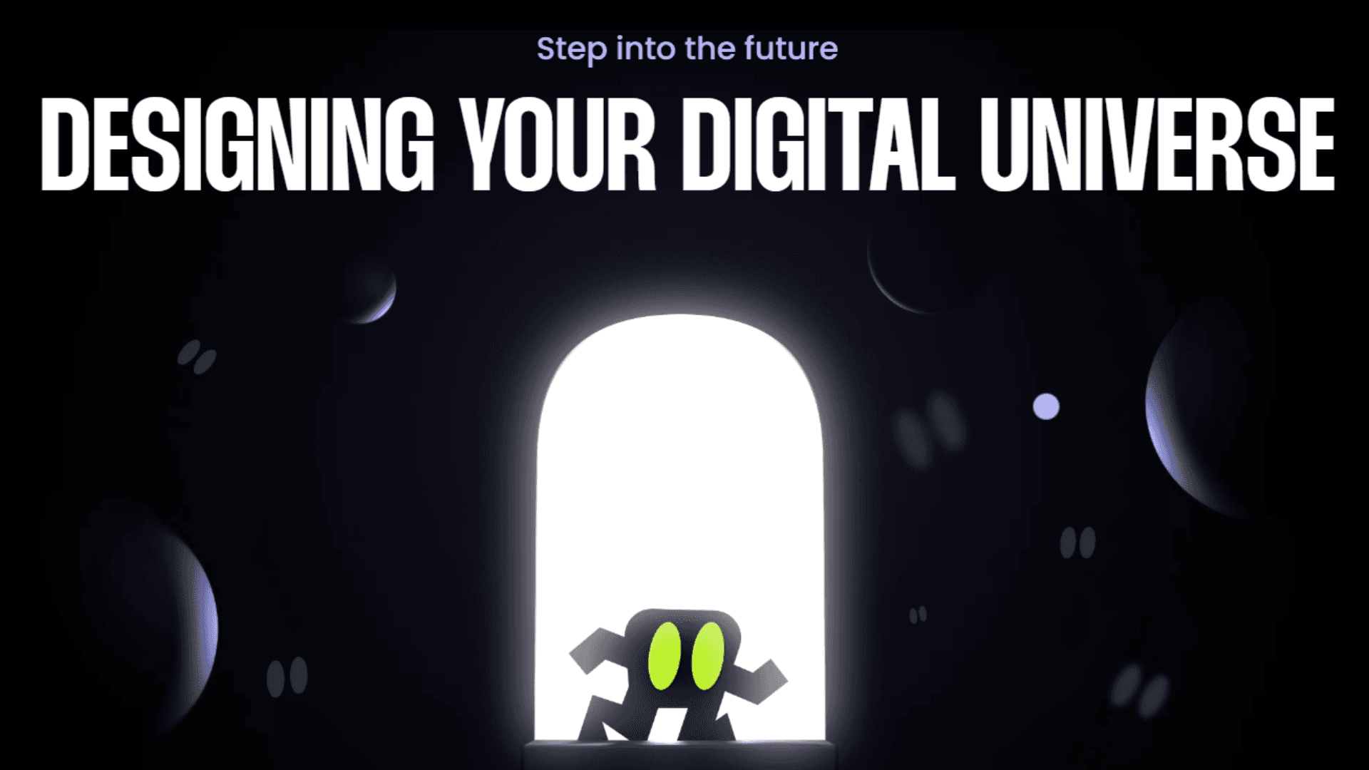 Silhouetted character stepping through a glowing doorway under the text 'Designing Your Digital Universe'