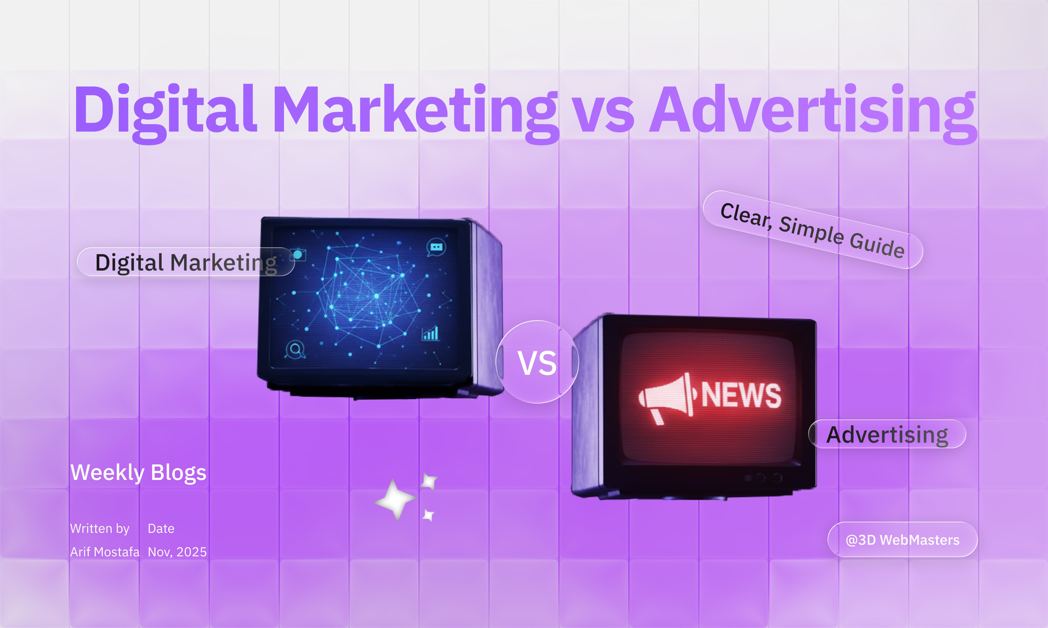 Digital Marketing vs Advertising — two vintage screens face each other, one showing a digital network and the other displaying a red megaphone with “NEWS.” The background is purple with floating labels like “Clear, Simple Guide,” and “Advertising.” Text includes “Weekly Blogs – Written by Arif Mostafa, Nov 2025.