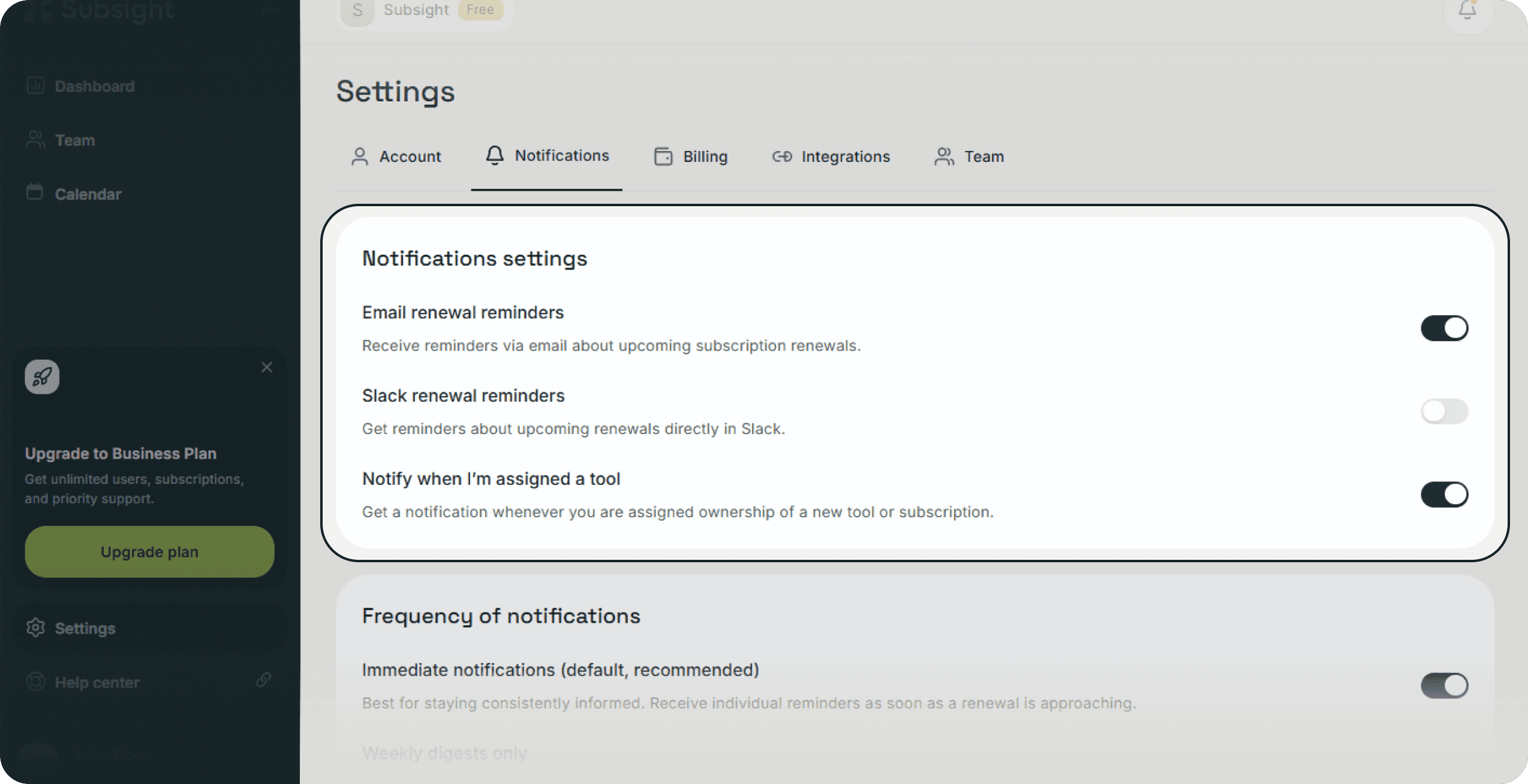 Subsight notification settings panel with email, Slack, assignment alerts, and frequency options.