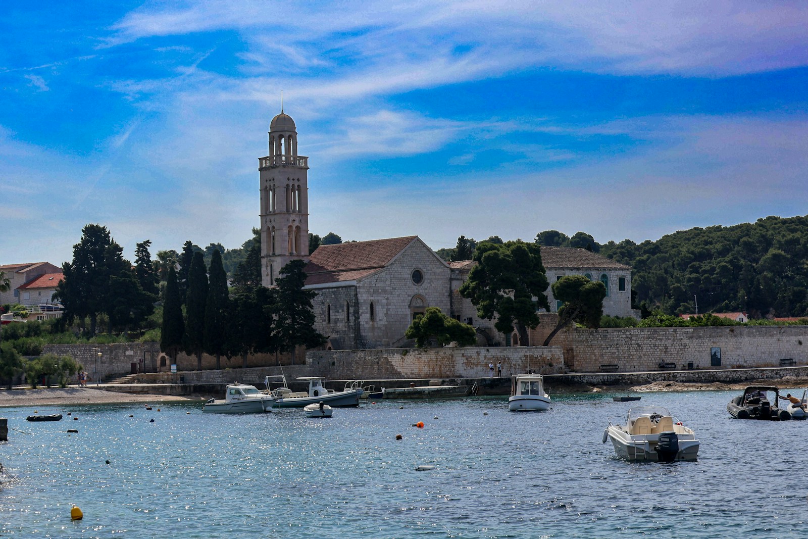 Boats in the harbour beneath Hvar's historic waterfront