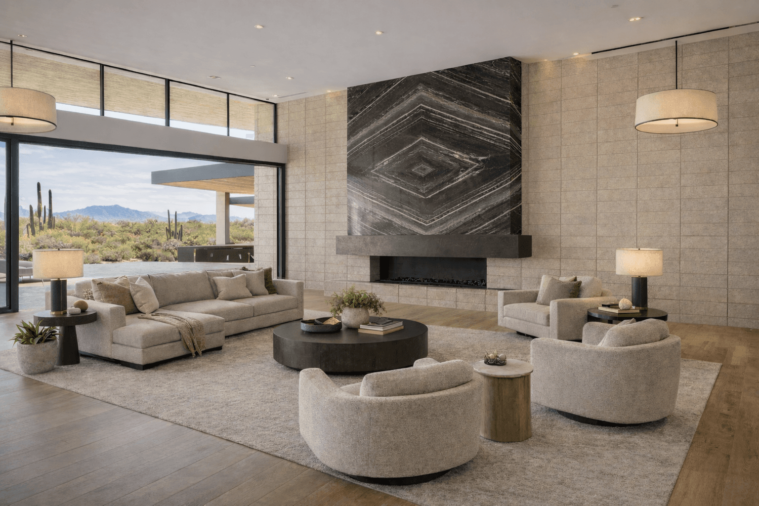 Modern glass and wood cabin with a cozy outdoor deck featuring wicker furniture, surrounded by lush green trees and a serene forest setting.