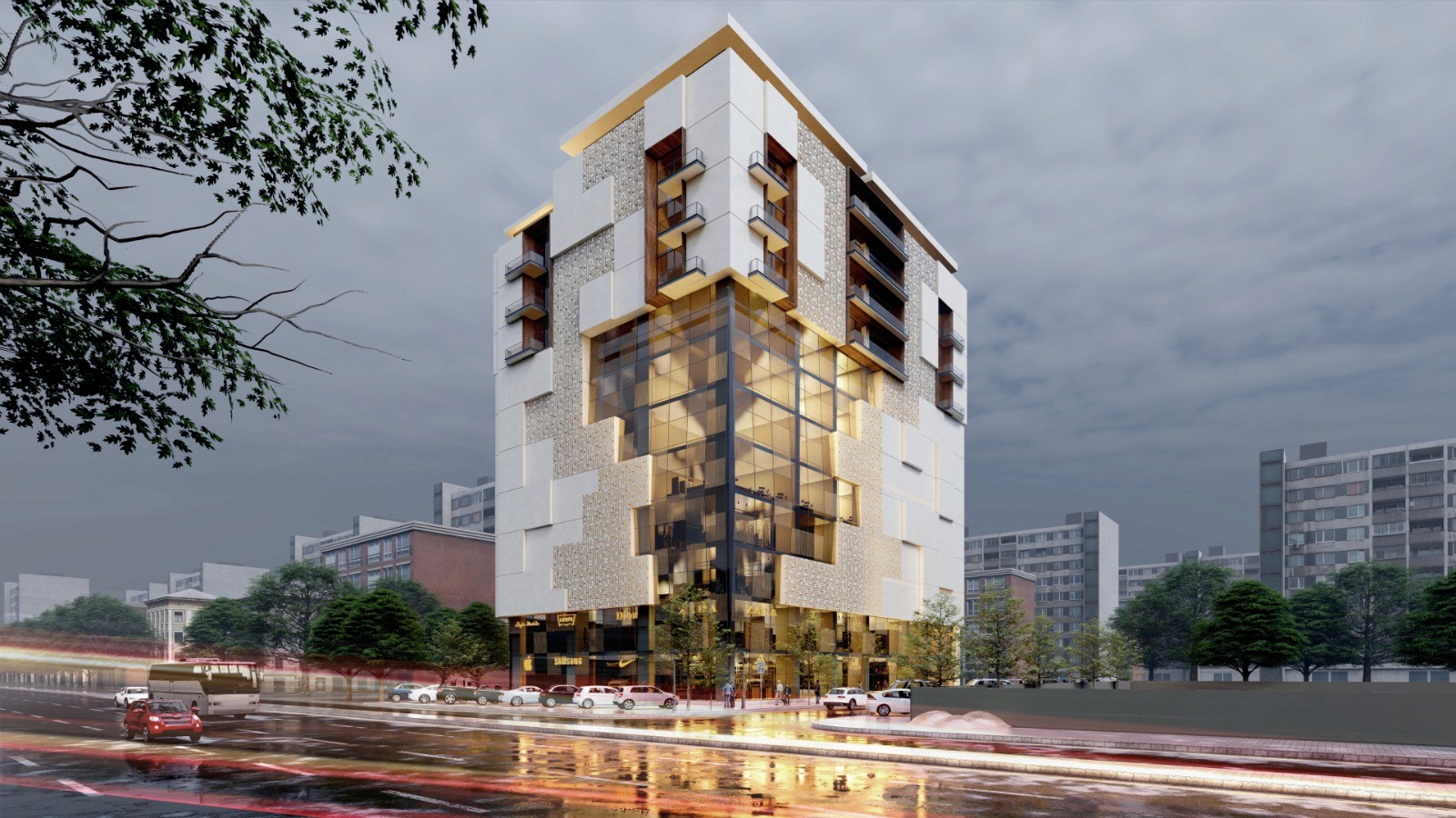 Ayan Heights is a mixed-use development on Canal Road, Faisalabad, designed by Saud Architects — combining retail, office, and residential spaces within a contemporary architectural form and modern façade language.