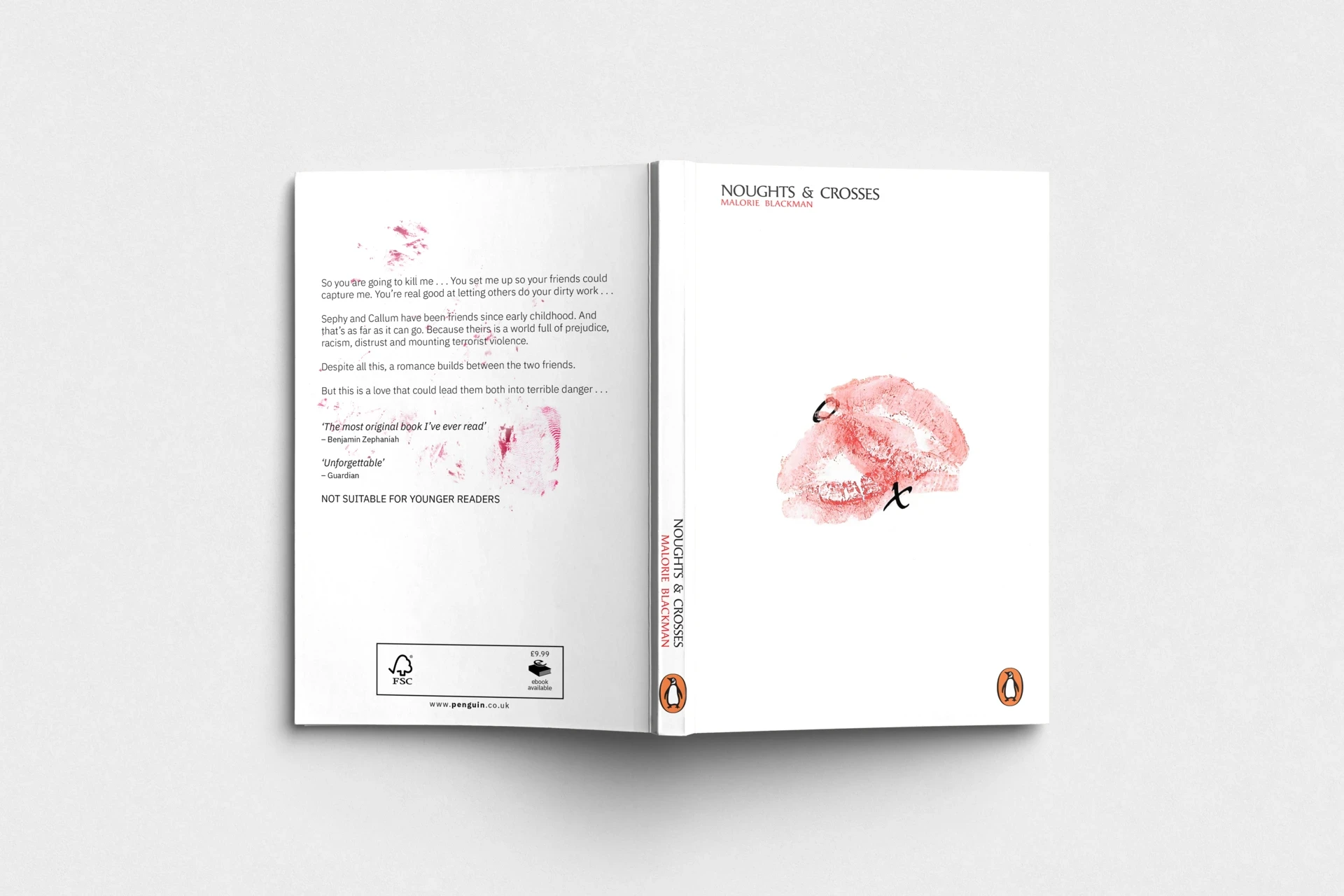 Noughts & Crosses book laid flat on the floor, clearly presenting the full cover design as a visual demonstration.