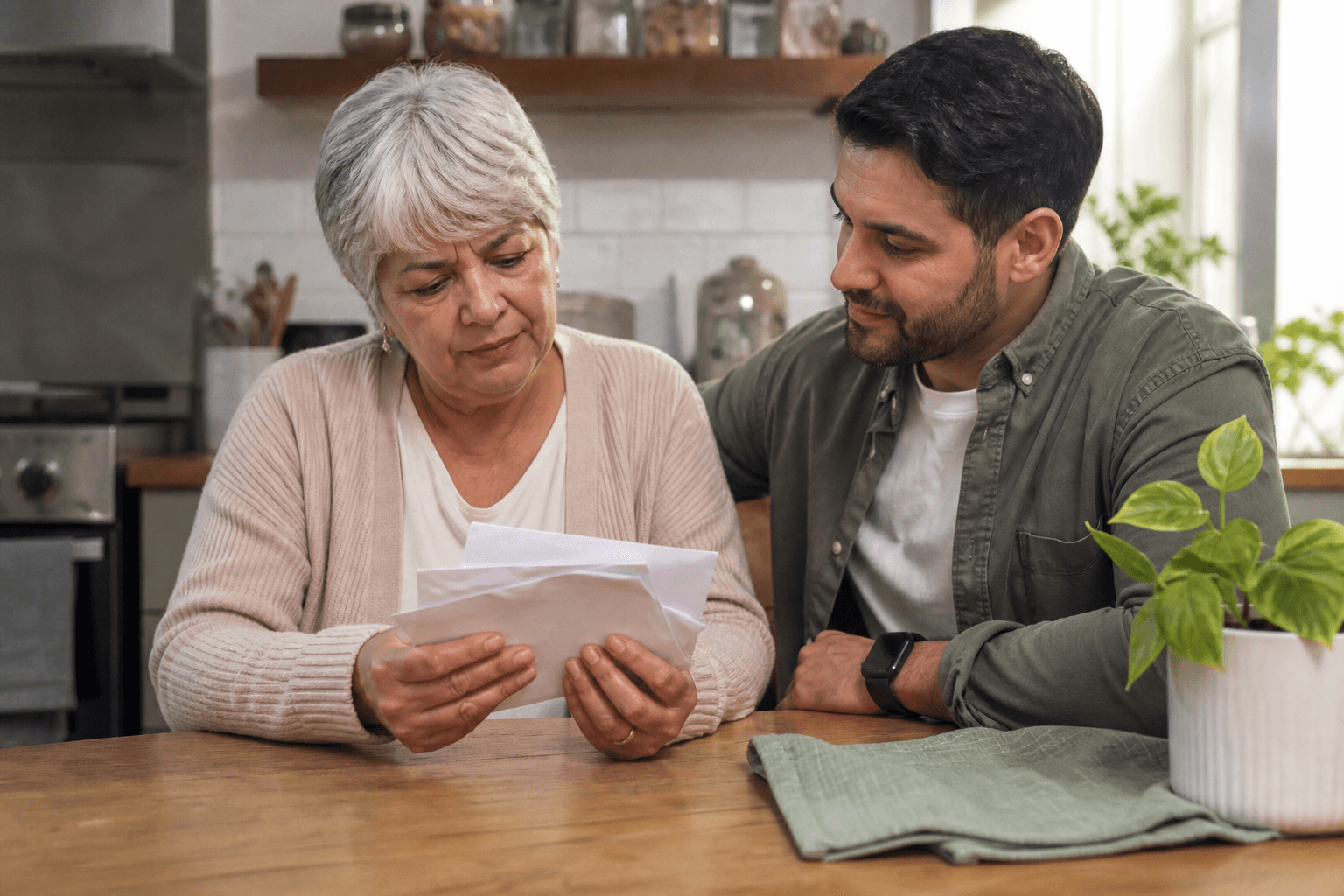 Adult child noticing an aging parent struggling with mail and bills at home