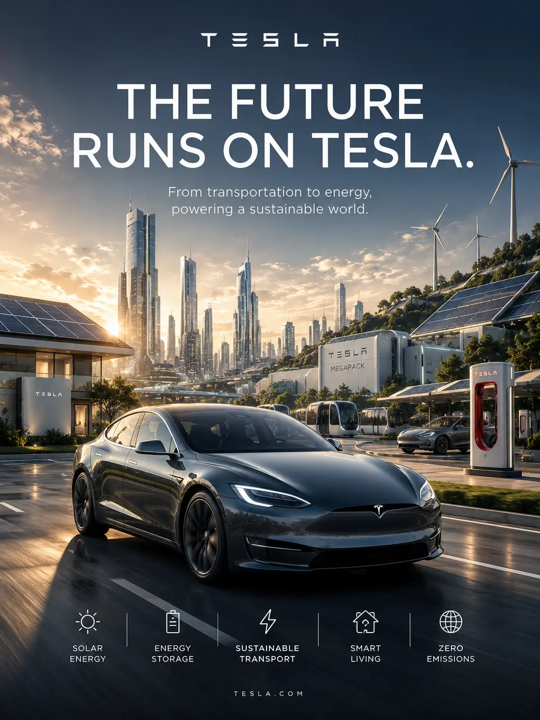 AI-generated Tesla poster featuring a sleek electric car in a futuristic city, representing speed, sustainability, and innovation.