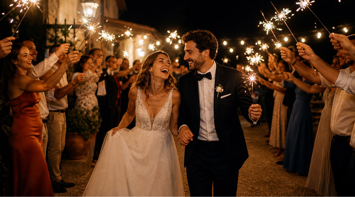 Sposi festeggiano tra invitati con scintille accese, condividendo momenti e ricordi dell’evento tramite togevent in modo semplice e coinvolgente.