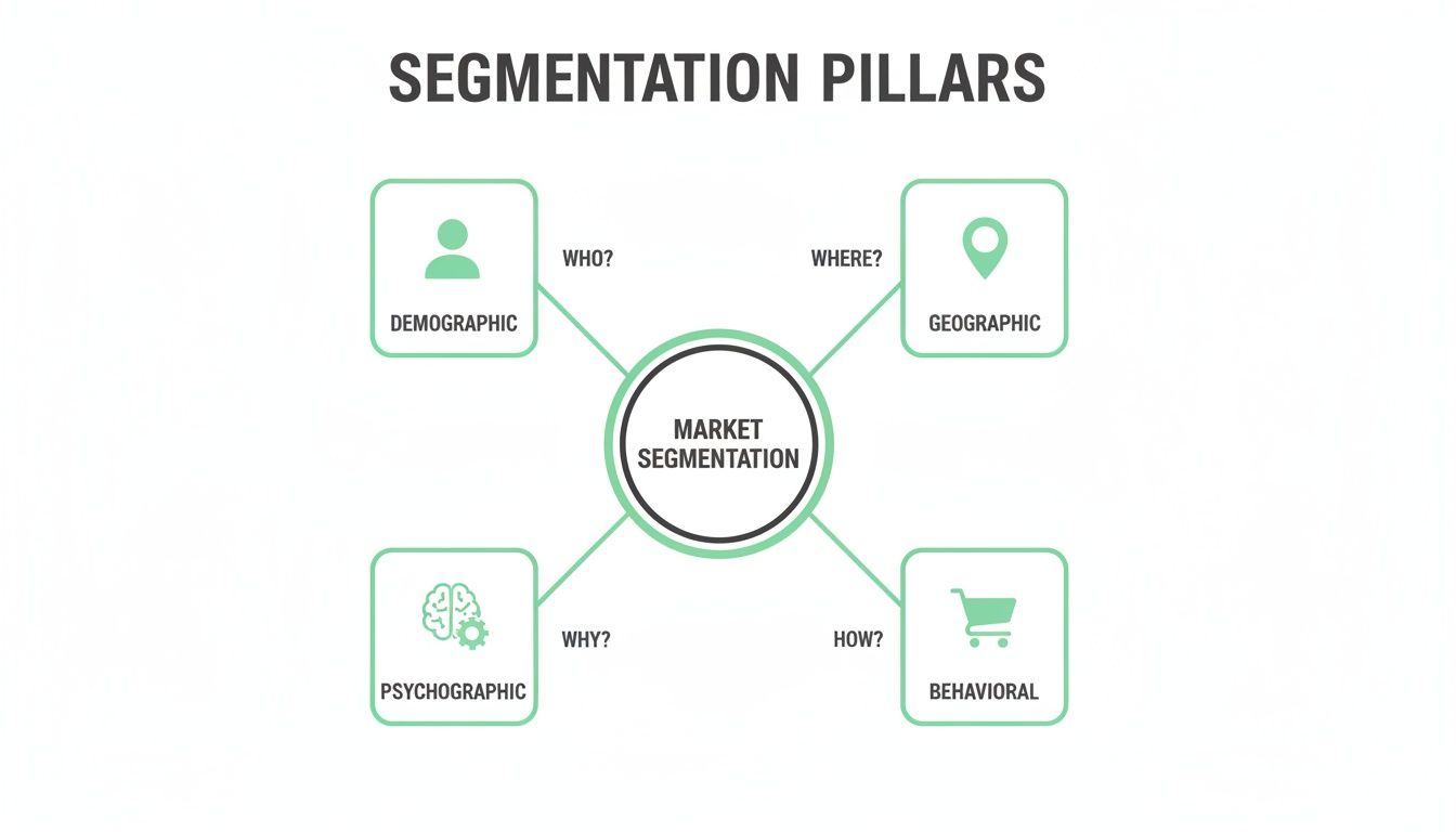 A visual diagram outlining the four key pillars of market segmentation: Demographic, Geographic, Psychographic, and Behavioral.