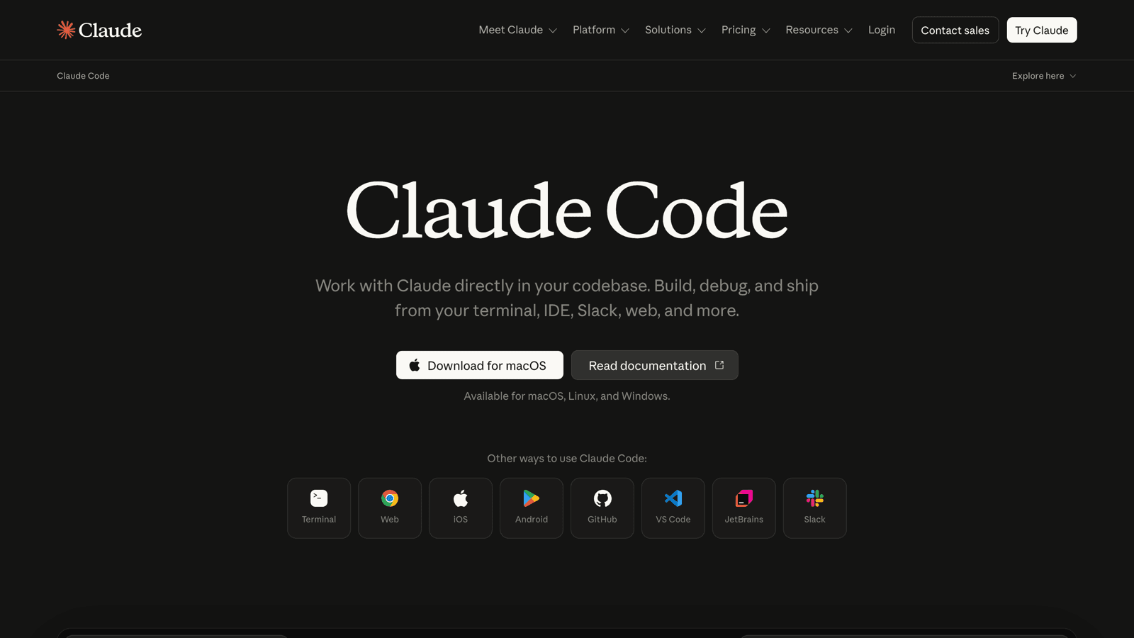 Claude Code homepage showing terminal, IDE, Slack, and web ways to use it