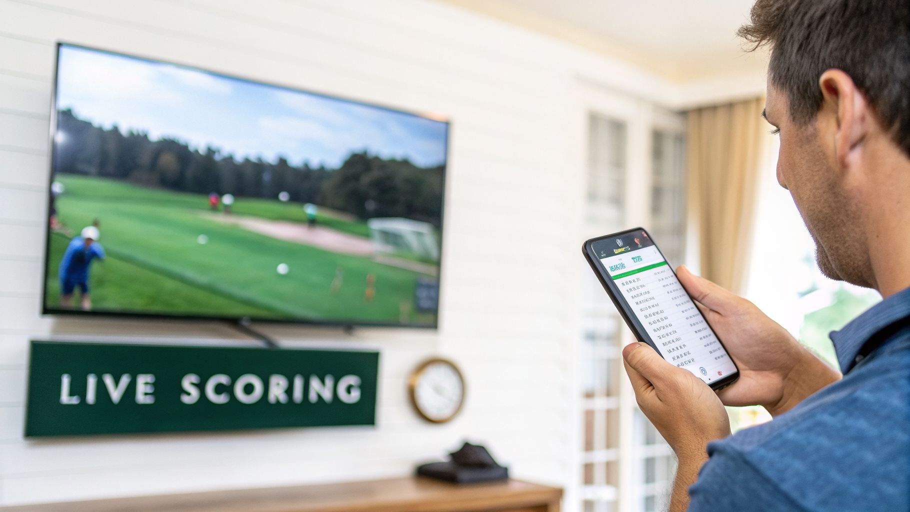 Man checks live golf scores on his smartphone while watching a golf match on a television screen.
