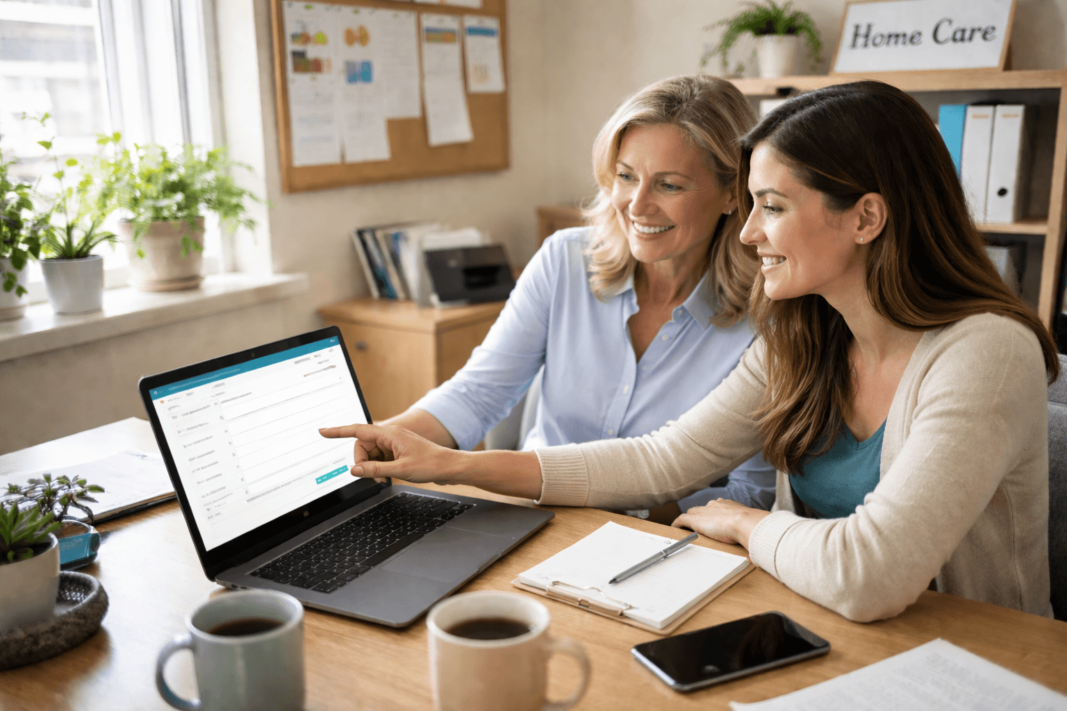Daytime photo of a small home care agency office, owner and coordinator sitting at a shared desk, both looking at a laptop showing a client intake screen, coffee mugs and notepads on the table, natural window light, candid documentary style, 3:2.