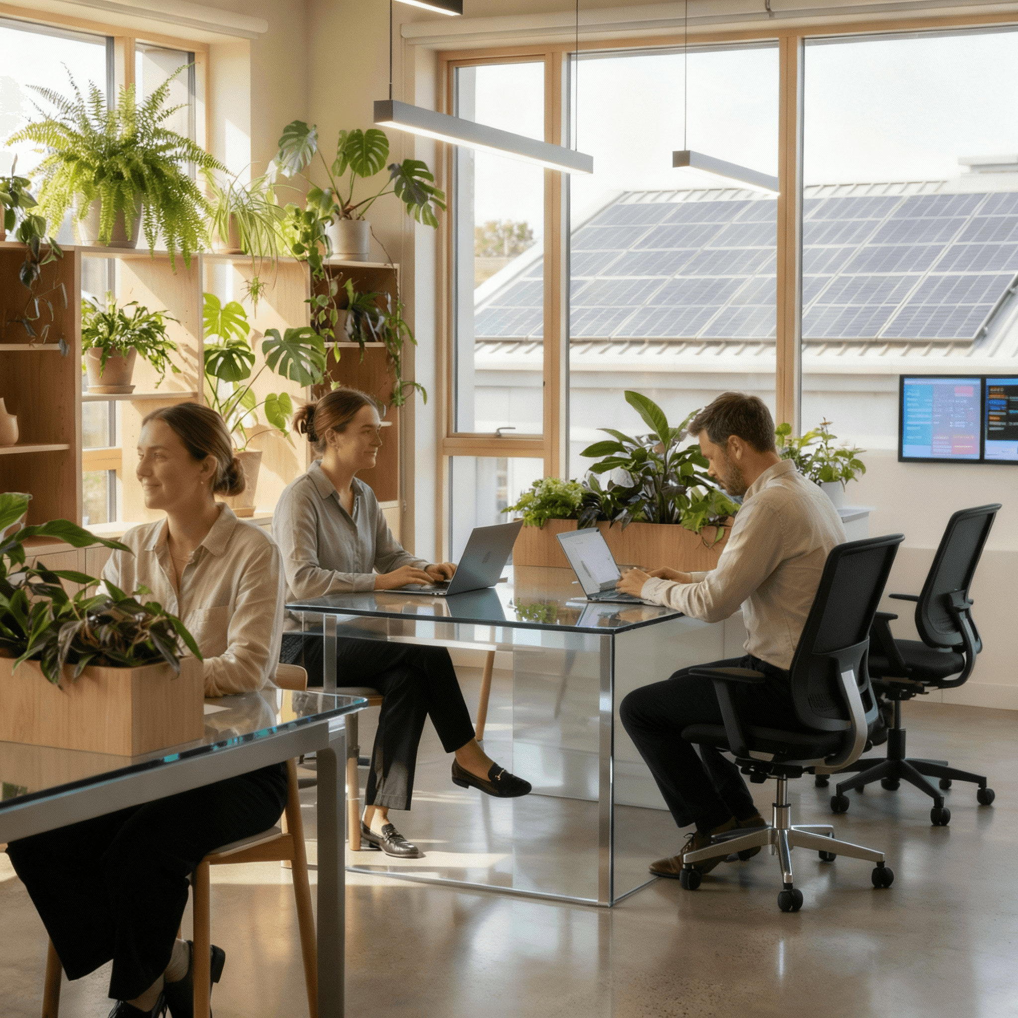 Ein nachhaltiges Büro mit vielen Pflanzen und nachhaltiger Einrichtung. Das Büro optimiert seinen Energieverbrauch mit der Shelly Integration in anny.