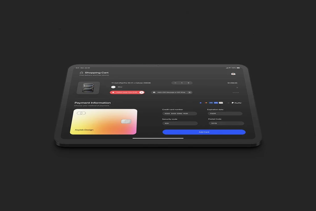 Clay iPad Pro UI mockup with dark mode dashboard.
