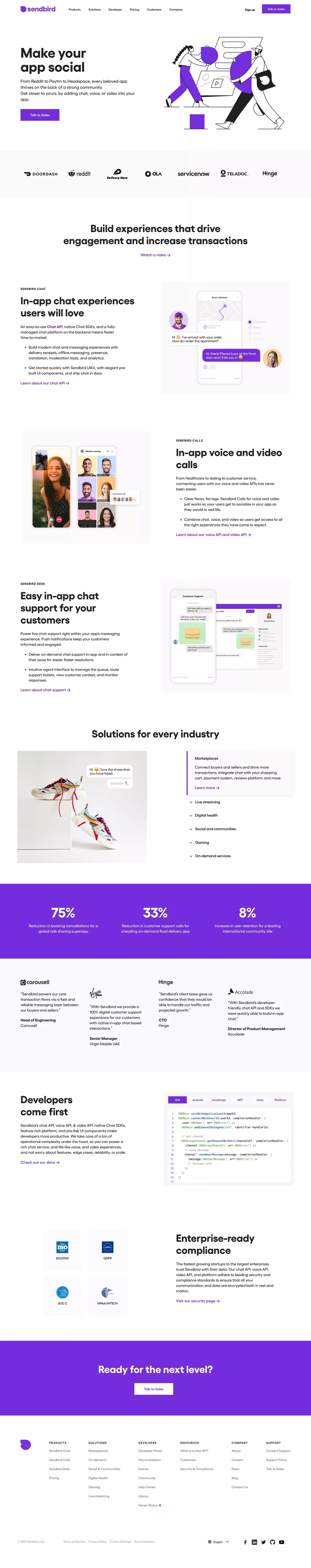 Sendbird - A Complete Chat Platform, Mes landing page screenshot showcasing Tech and Marketing design