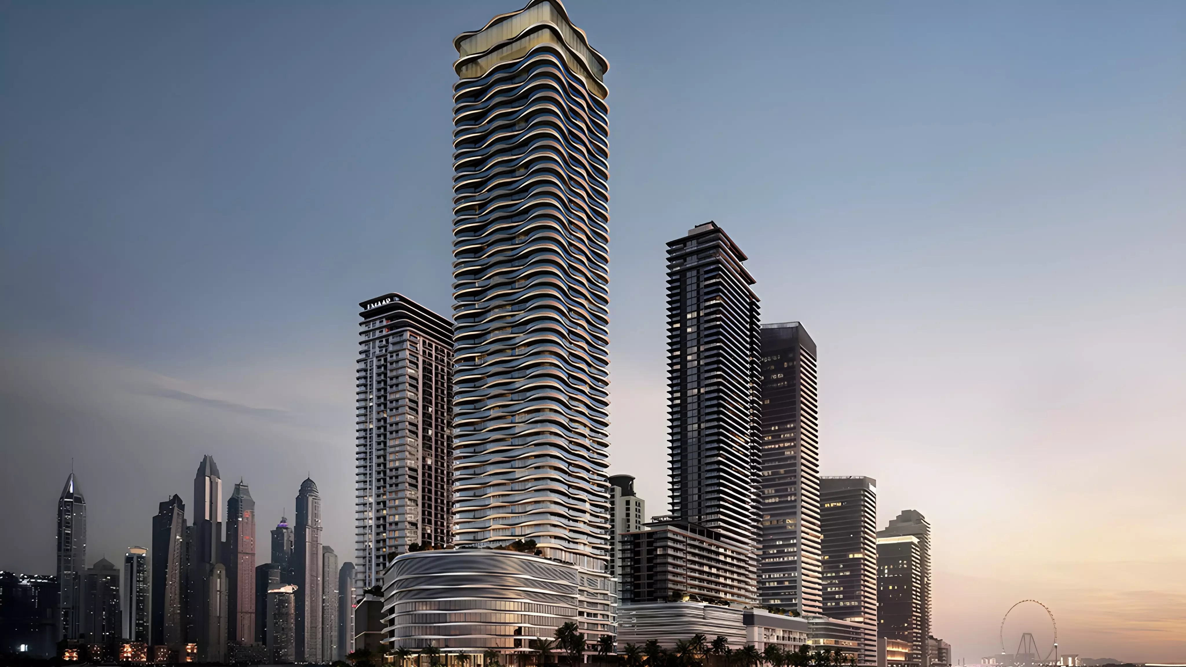 Striking high-rise architecture of The Bristol tower at Emaar Beachfront with Dubai Marina skyline backdrop