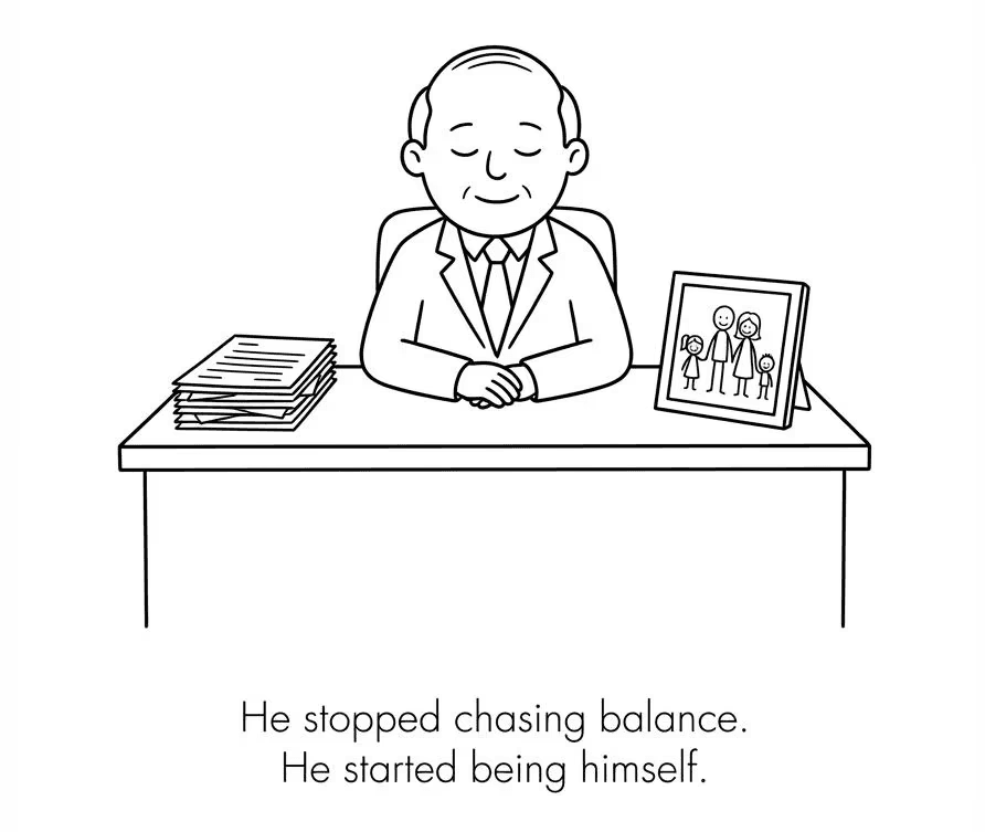 A CEO sits calmly at his desk with a family photo beside him. Caption: He stopped chasing balance. He started being himself. — Rajesh Nagjee