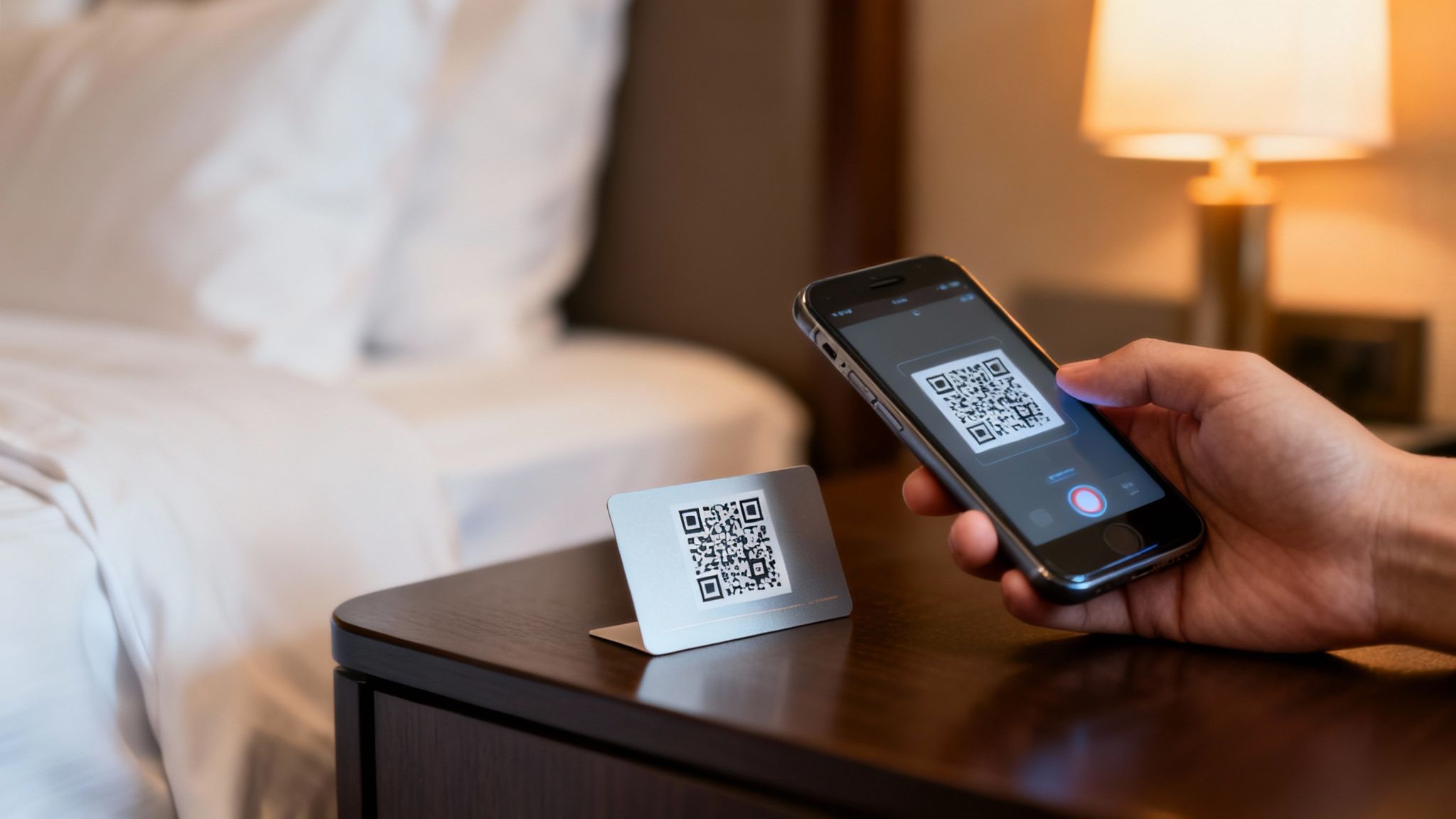 A hand holds a smartphone, scanning a QR code on a stand on a nightstand in a hotel room.