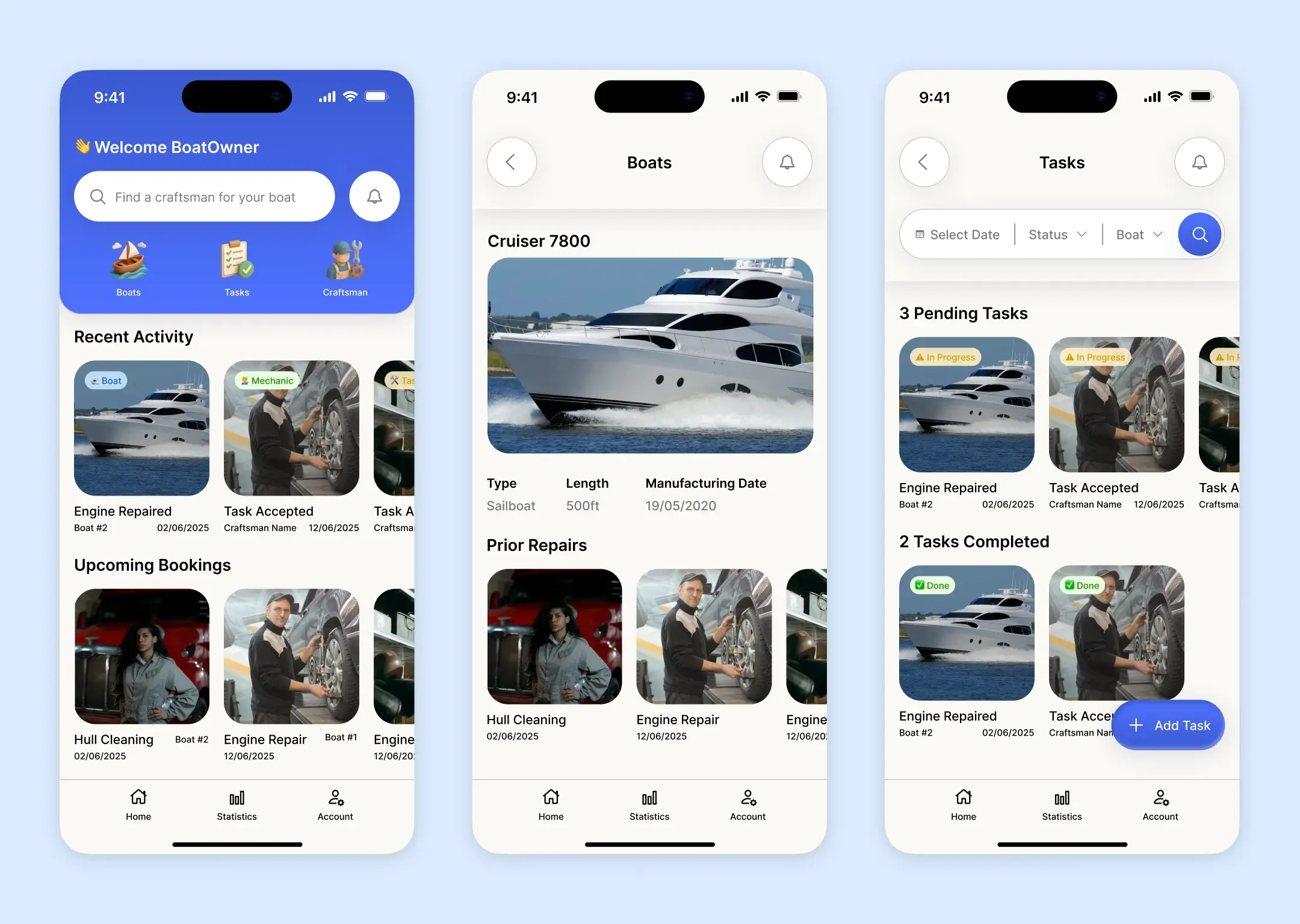 Three screenshots showcasing a boat maintenance mobile app's user interface. Screens show search, bids, and tasks. Each screen displays boats and maintenance information.