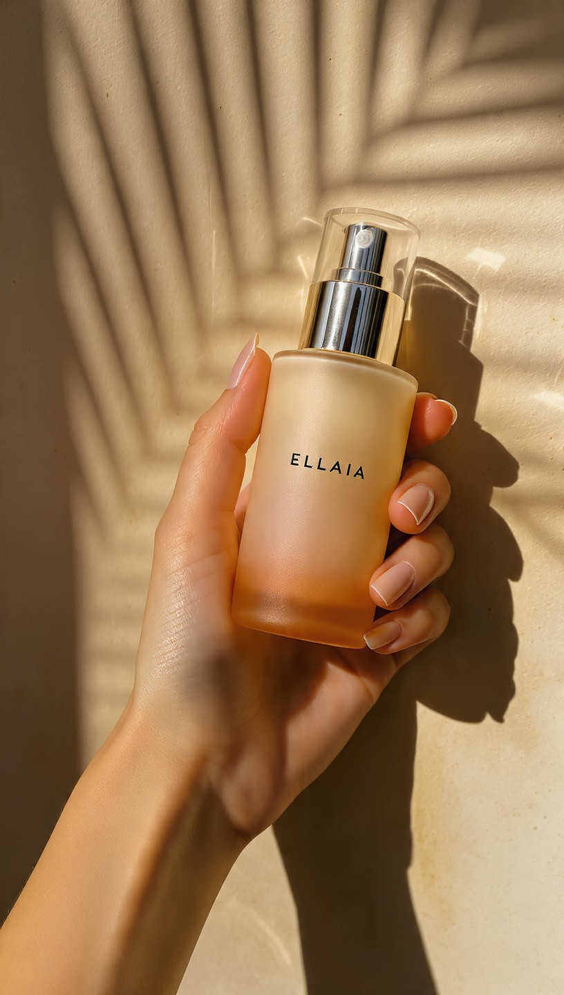 Warm-toned lifestyle image of an ELLAIA Overnight Elixir bottle in a soft peach-amber gradient, held up against a backdrop of sunlight filtering through large palm fronds; golden highlights dance across the frosted glass and shiny silver actuator.