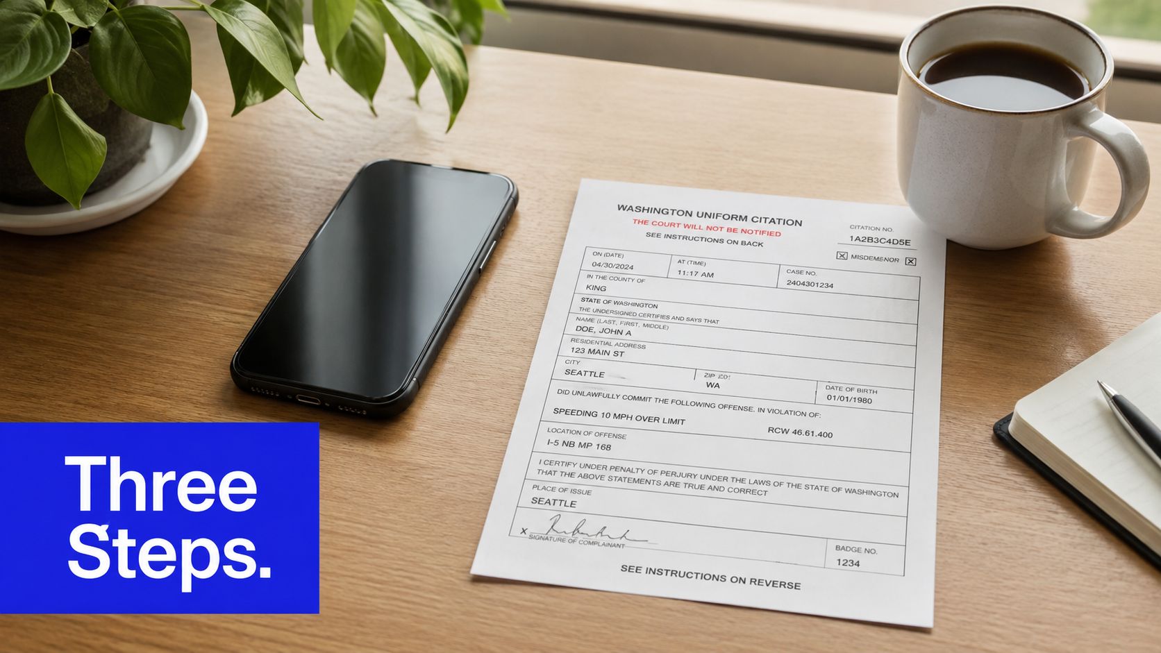 A legal traffic ticket document placed on a wooden desk next to a smartphone and coffee.